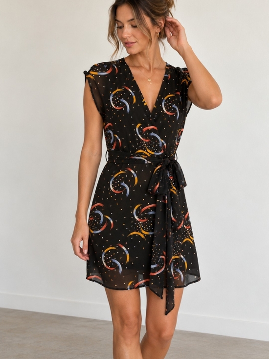 Lux Dresses & Skirts - Lux Black Wrap Mini Dress with Orange, Yellow and Blue Crescent Print